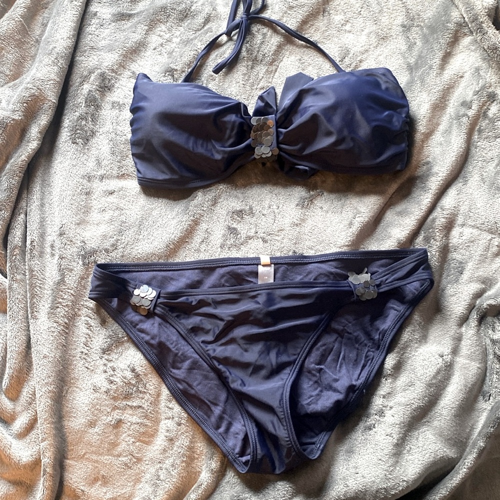 AERIE Navy Blue Bandeau Bikini w/ Removable Neck Tie - LG Bottom, XL Top